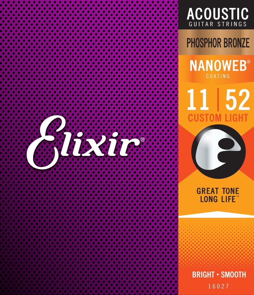 สายกีต้าร์โปร่ง เคลือบกันสนิม Elixir Phosphor Bronze Nanoweb Anti-rust Custom light 11-52